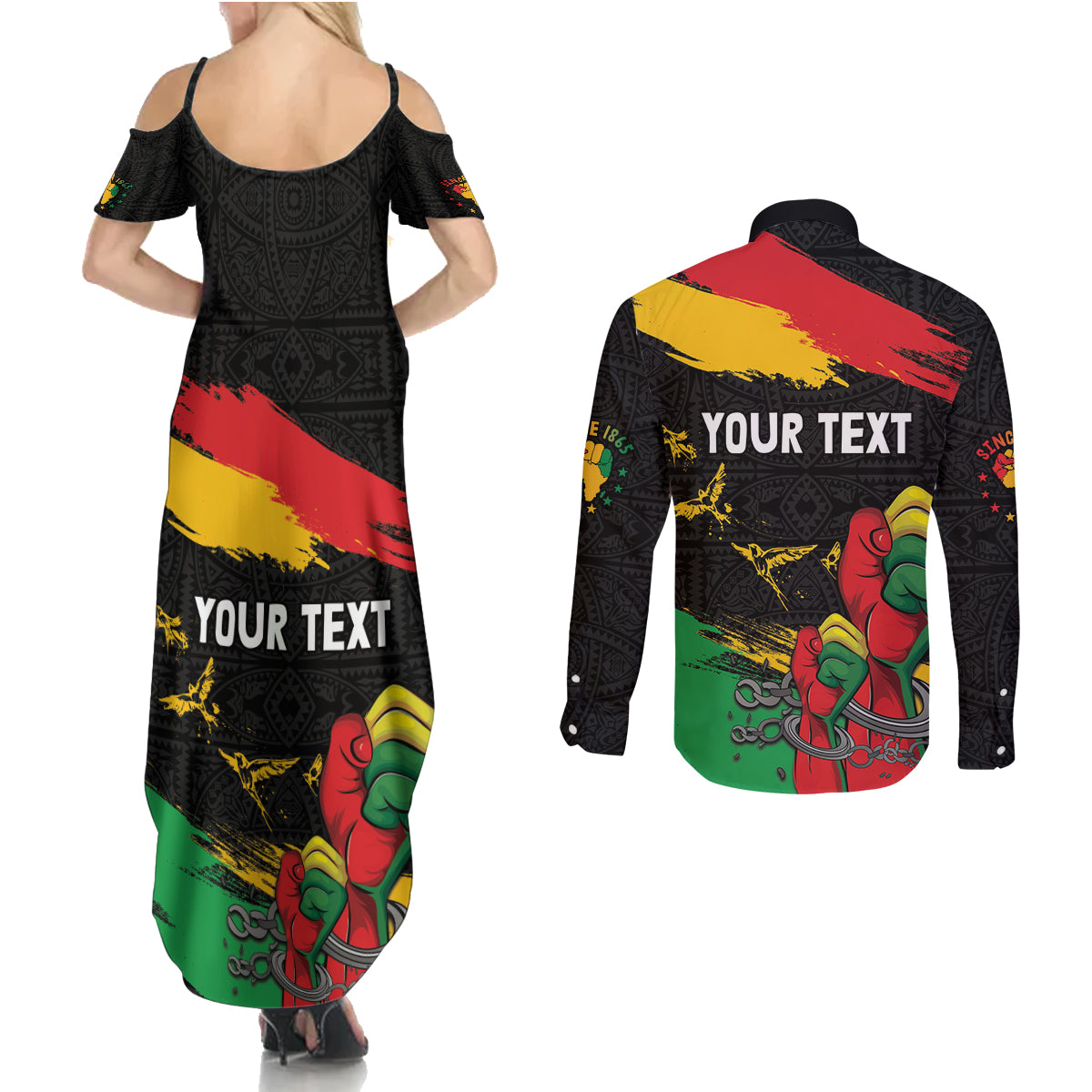 Personalized Juneteenth Freedom Day Couples Matching Summer Maxi Dress and Long Sleeve Button Shirt Raised Fist Black Power and Africa Pattern - Wonder Print Shop