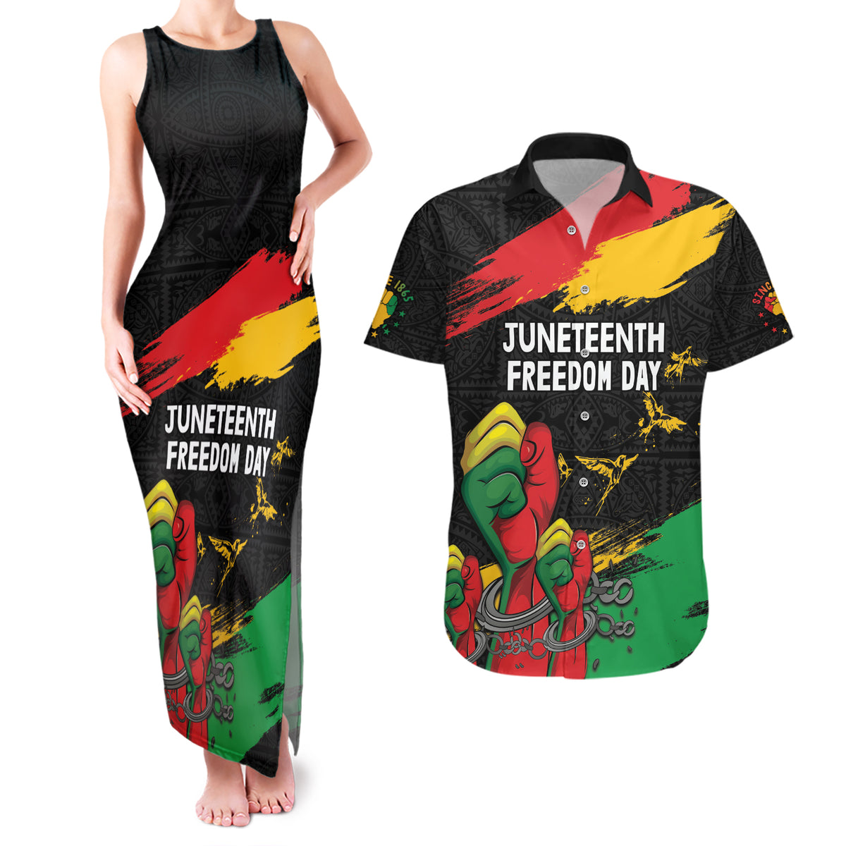 Personalized Juneteenth Freedom Day Couples Matching Tank Maxi Dress and Hawaiian Shirt Raised Fist Black Power and Africa Pattern - Wonder Print Shop