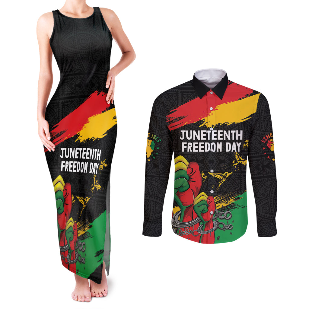 Personalized Juneteenth Freedom Day Couples Matching Tank Maxi Dress and Long Sleeve Button Shirt Raised Fist Black Power and Africa Pattern - Wonder Print Shop
