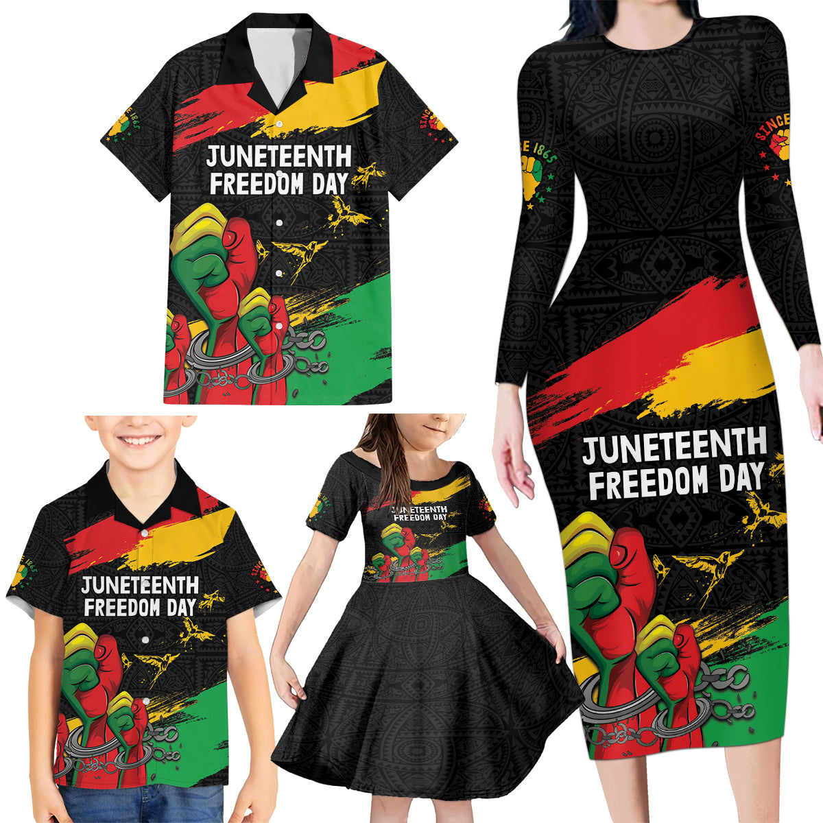 Personalized Juneteenth Freedom Day Family Matching Long Sleeve Bodycon Dress and Hawaiian Shirt Raised Fist Black Power and Africa Pattern - Wonder Print Shop