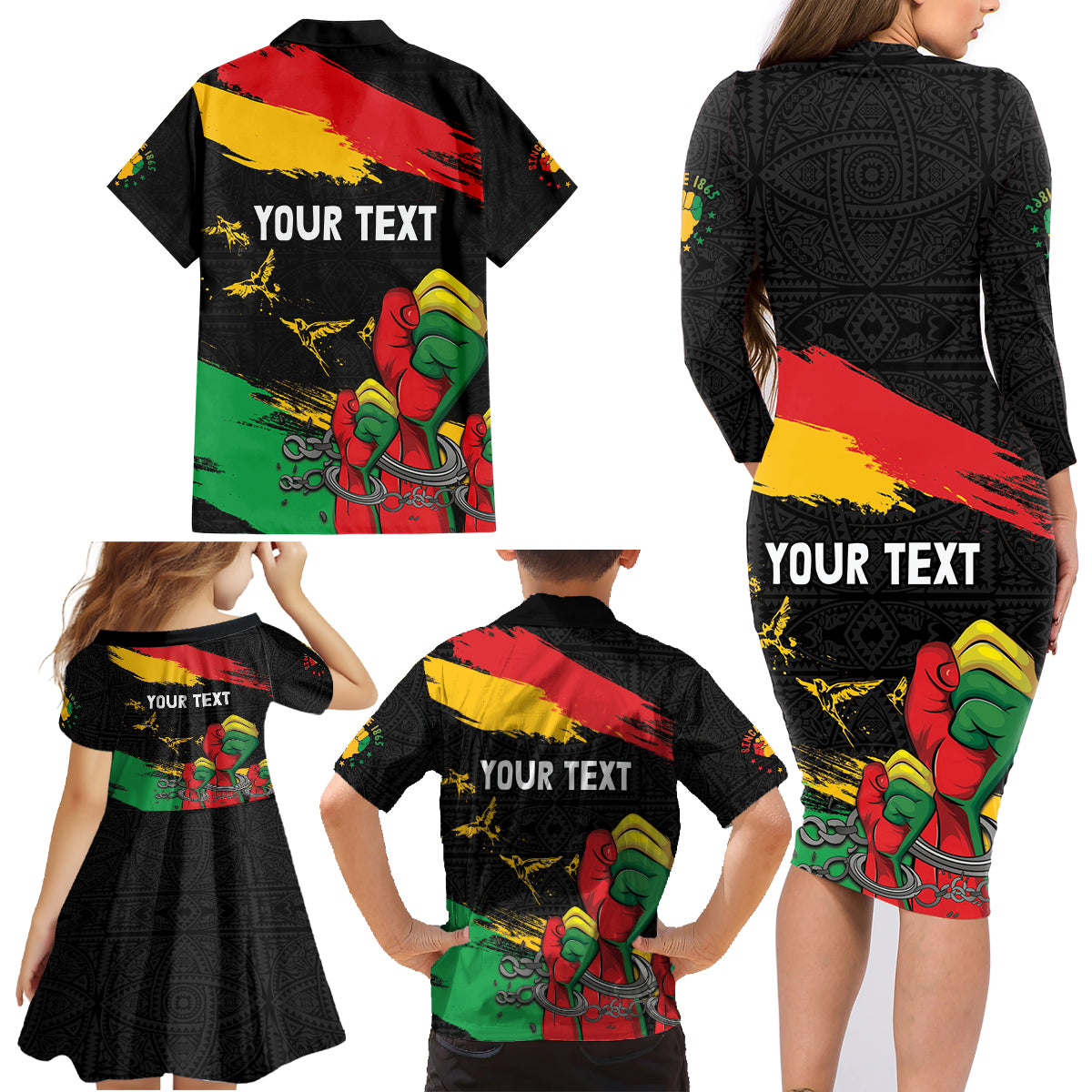 Personalized Juneteenth Freedom Day Family Matching Long Sleeve Bodycon Dress and Hawaiian Shirt Raised Fist Black Power and Africa Pattern - Wonder Print Shop