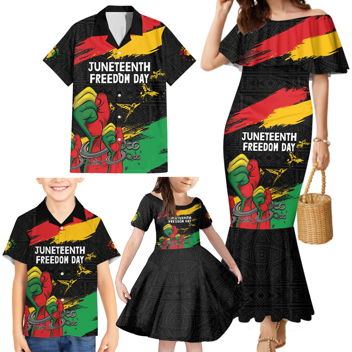 Personalized Juneteenth Freedom Day Family Matching Mermaid Dress and Hawaiian Shirt Raised Fist Black Power and Africa Pattern - Wonder Print Shop