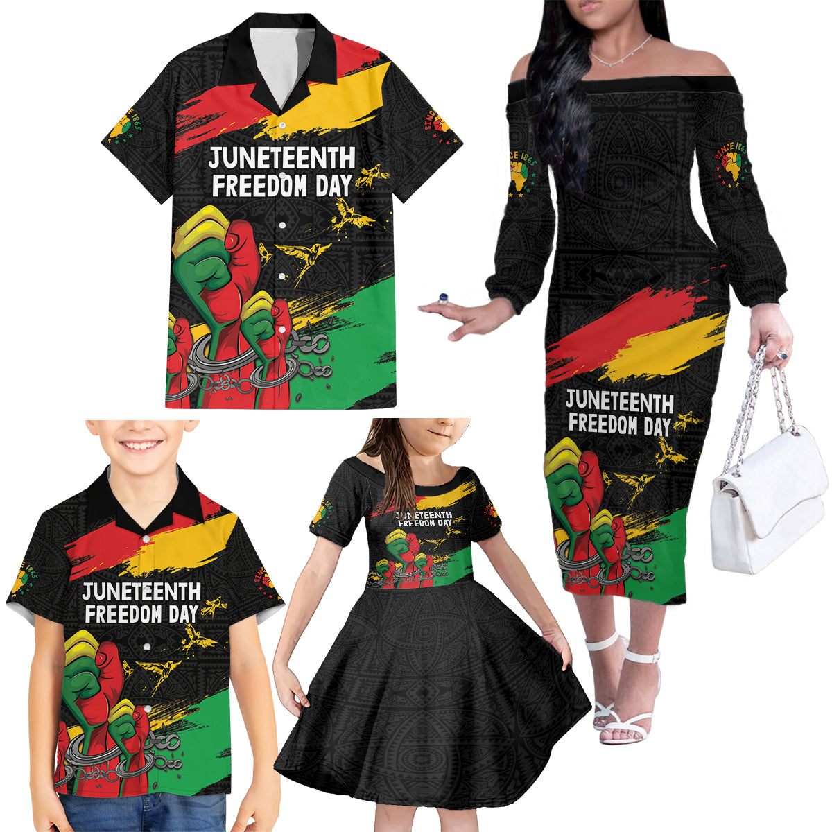 Personalized Juneteenth Freedom Day Family Matching Off The Shoulder Long Sleeve Dress and Hawaiian Shirt Raised Fist Black Power and Africa Pattern - Wonder Print Shop