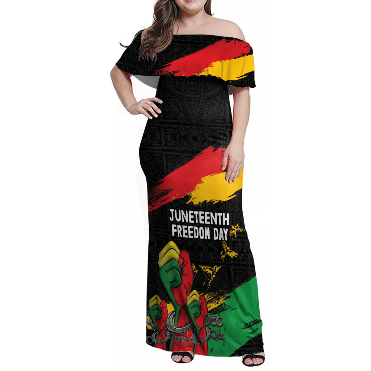 Personalized Juneteenth Freedom Day Family Matching Off Shoulder Maxi Dress and Hawaiian Shirt Raised Fist Black Power and Africa Pattern - Wonder Print Shop