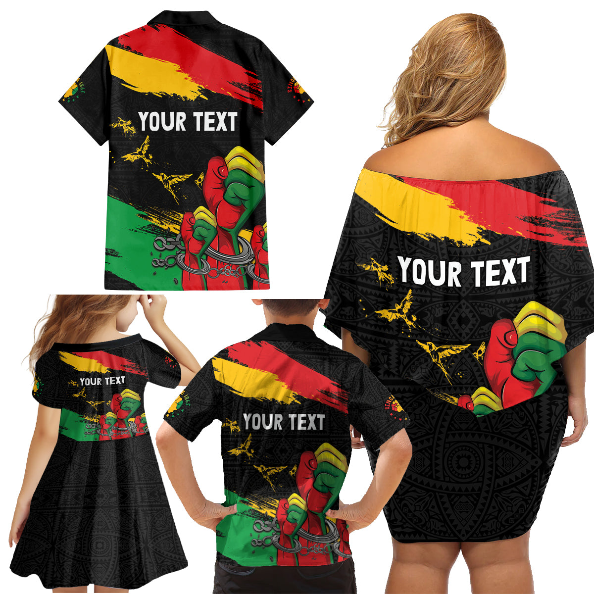Personalized Juneteenth Freedom Day Family Matching Off Shoulder Short Dress and Hawaiian Shirt Raised Fist Black Power and Africa Pattern - Wonder Print Shop