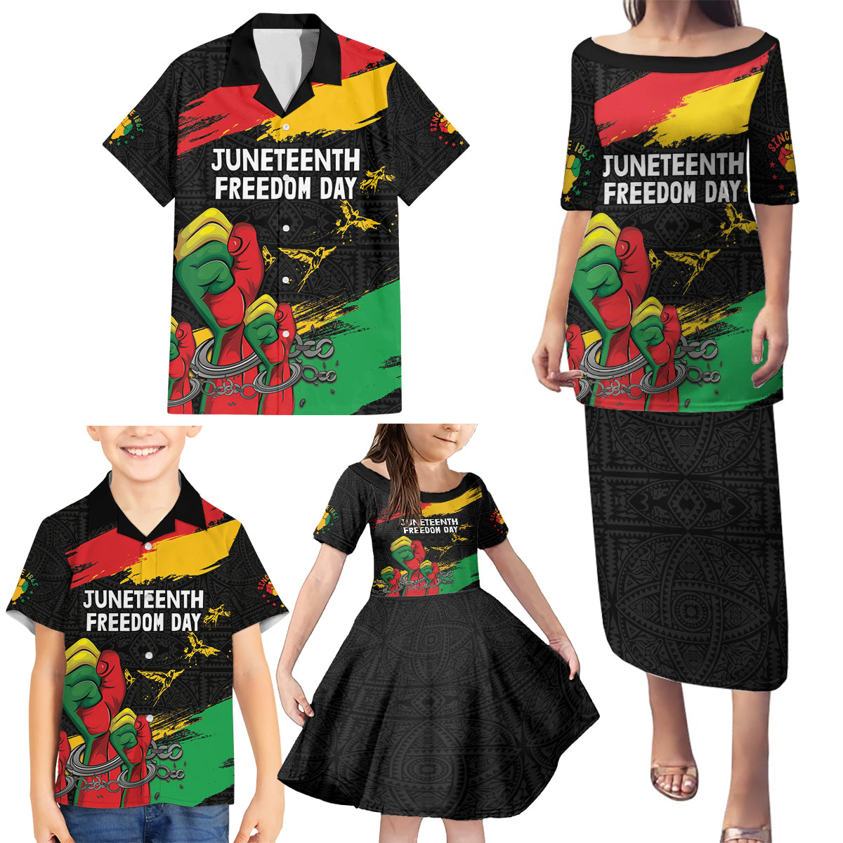 Personalized Juneteenth Freedom Day Family Matching Puletasi and Hawaiian Shirt Raised Fist Black Power and Africa Pattern - Wonder Print Shop