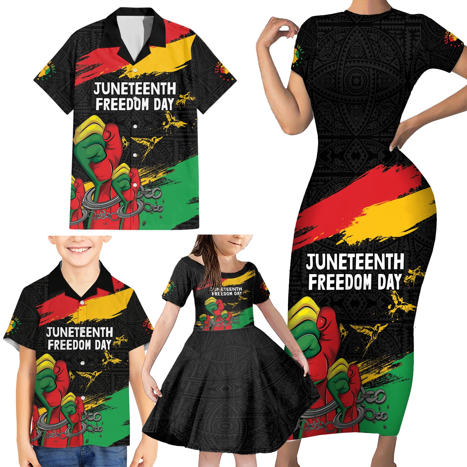 Personalized Juneteenth Freedom Day Family Matching Short Sleeve Bodycon Dress and Hawaiian Shirt Raised Fist Black Power and Africa Pattern - Wonder Print Shop