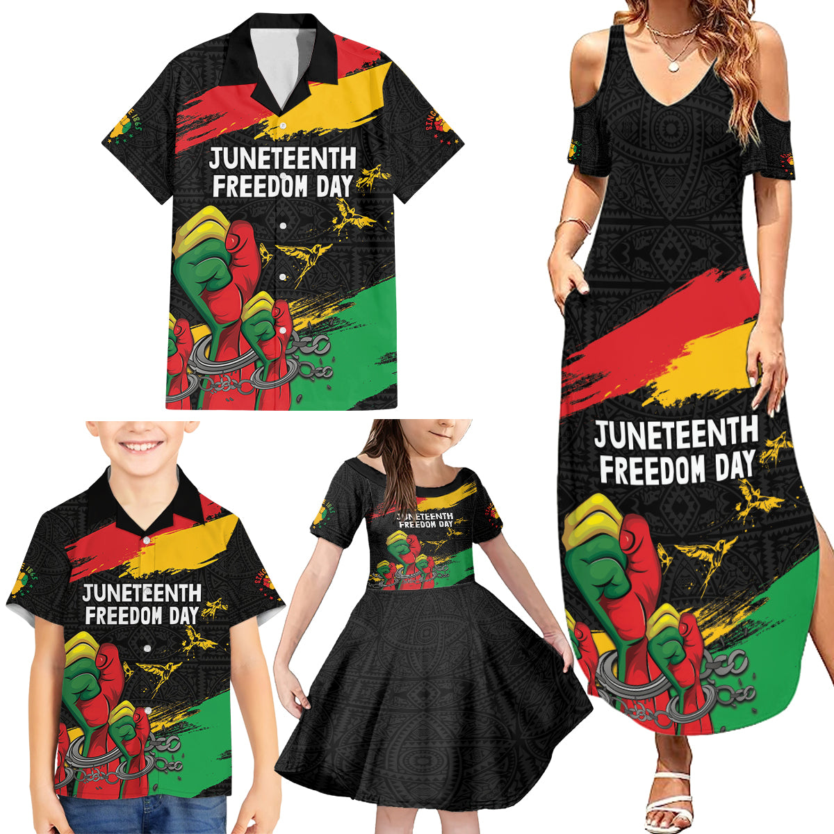 Personalized Juneteenth Freedom Day Family Matching Summer Maxi Dress and Hawaiian Shirt Raised Fist Black Power and Africa Pattern - Wonder Print Shop