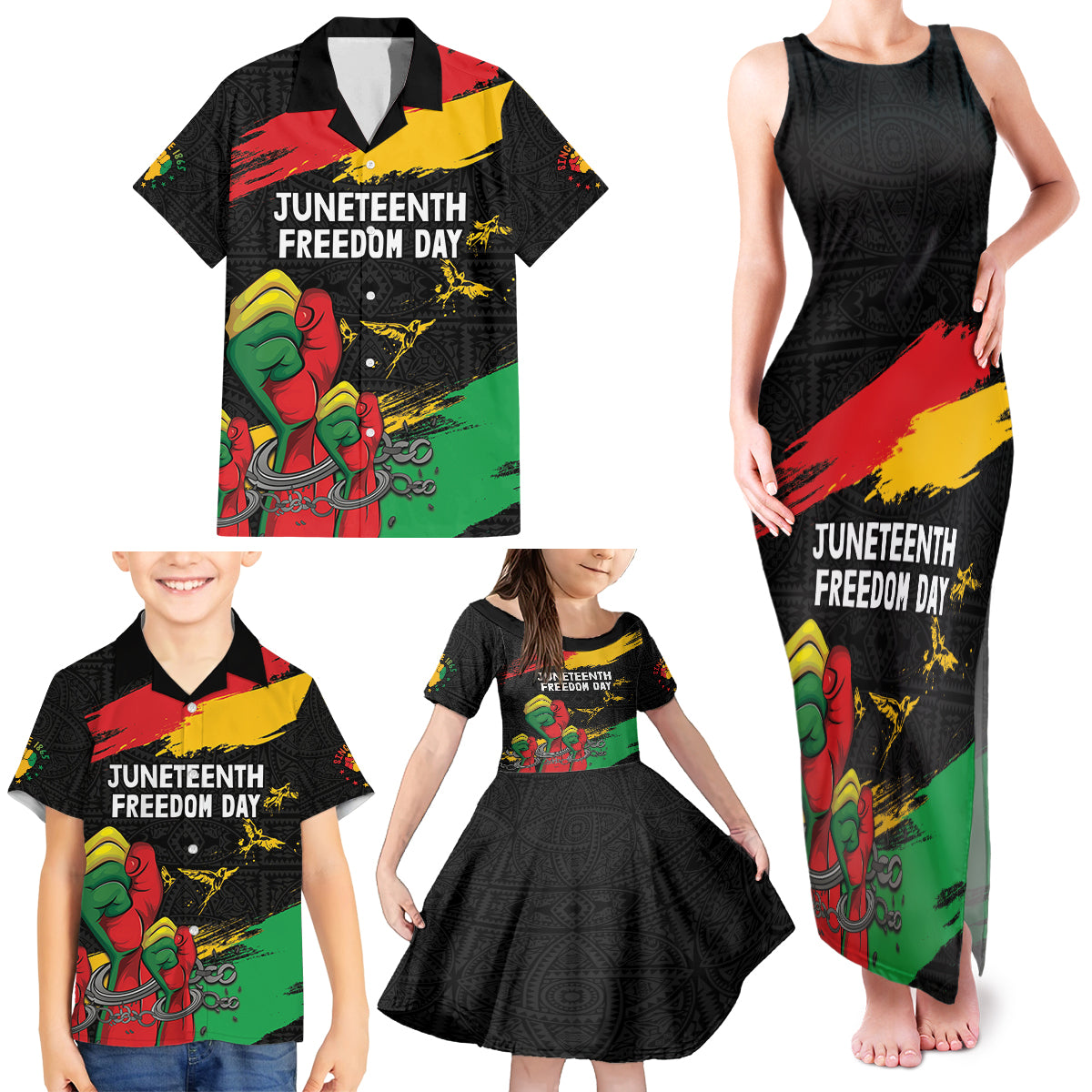 Personalized Juneteenth Freedom Day Family Matching Tank Maxi Dress and Hawaiian Shirt Raised Fist Black Power and Africa Pattern - Wonder Print Shop