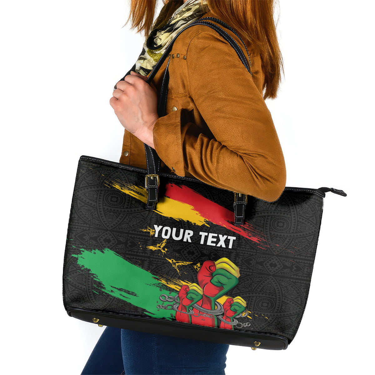 Personalized Juneteenth Freedom Day Leather Tote Bag Raised Fist Black Power and Africa Pattern - Wonder Print Shop