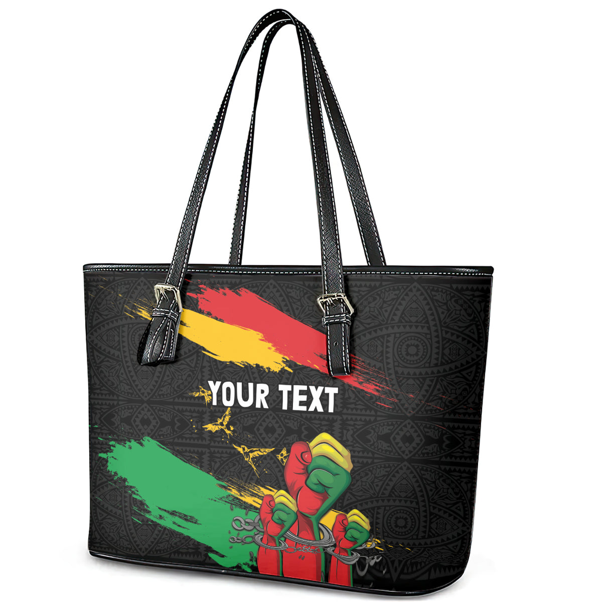 Personalized Juneteenth Freedom Day Leather Tote Bag Raised Fist Black Power and Africa Pattern - Wonder Print Shop