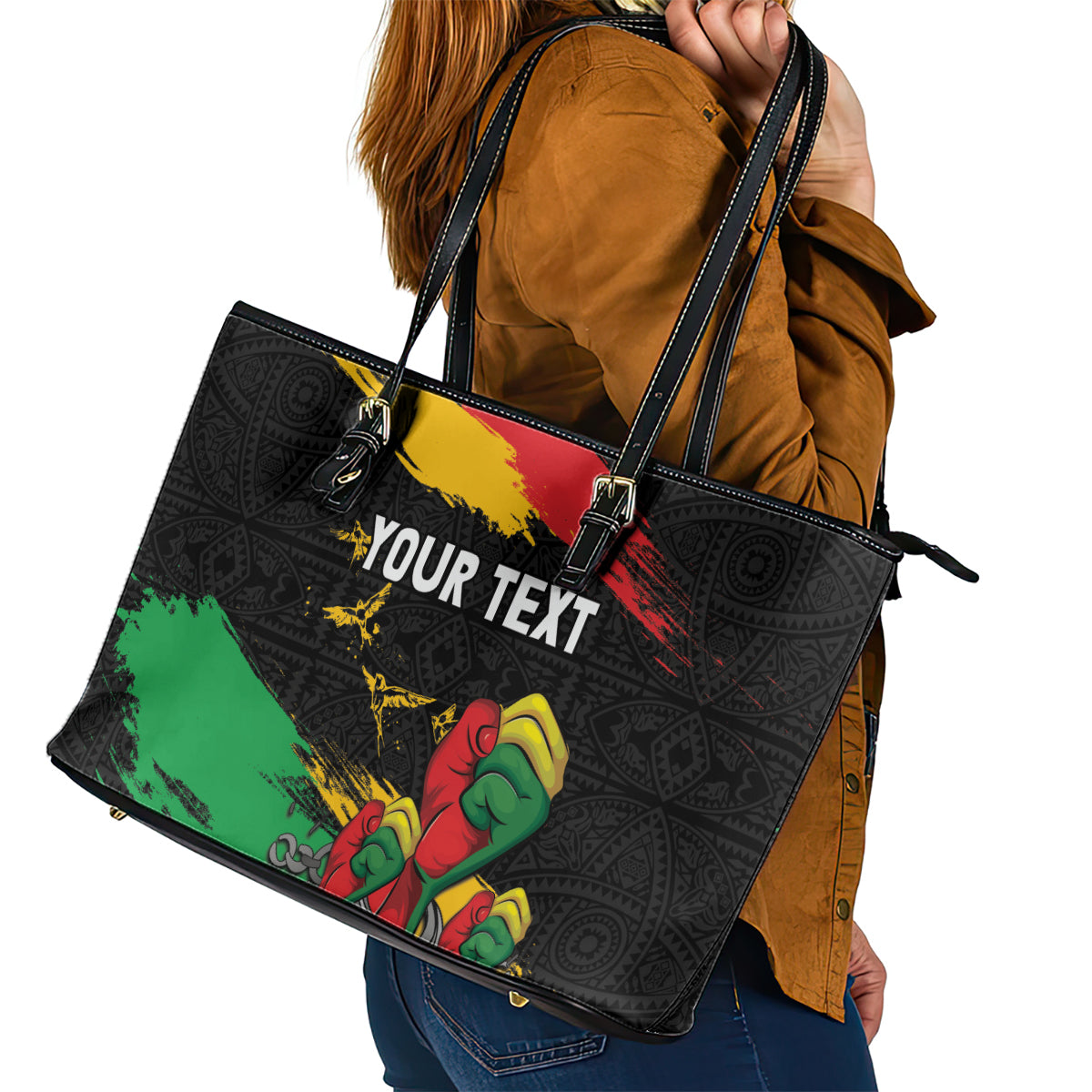 Personalized Juneteenth Freedom Day Leather Tote Bag Raised Fist Black Power and Africa Pattern - Wonder Print Shop