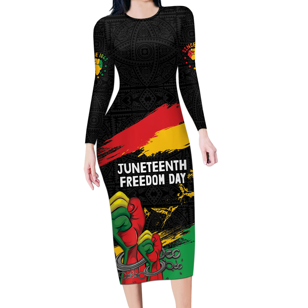 Personalized Juneteenth Freedom Day Long Sleeve Bodycon Dress Raised Fist Black Power and Africa Pattern - Wonder Print Shop