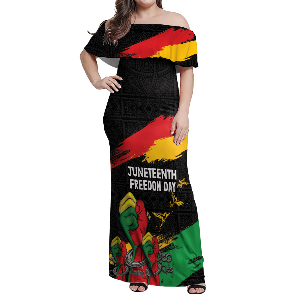 Personalized Juneteenth Freedom Day Off Shoulder Maxi Dress Raised Fist Black Power and Africa Pattern - Wonder Print Shop
