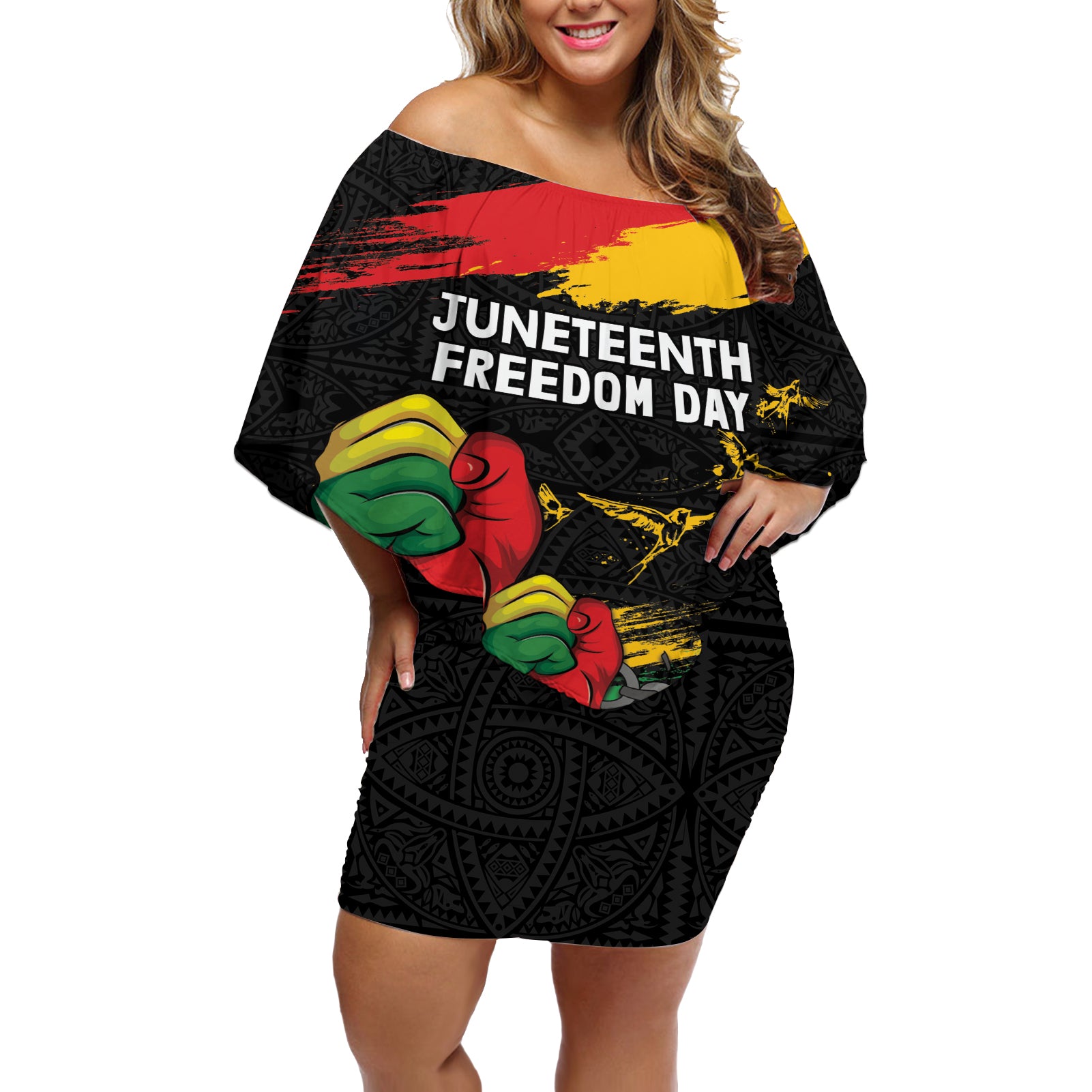 Personalized Juneteenth Freedom Day Off Shoulder Short Dress Raised Fist Black Power and Africa Pattern - Wonder Print Shop