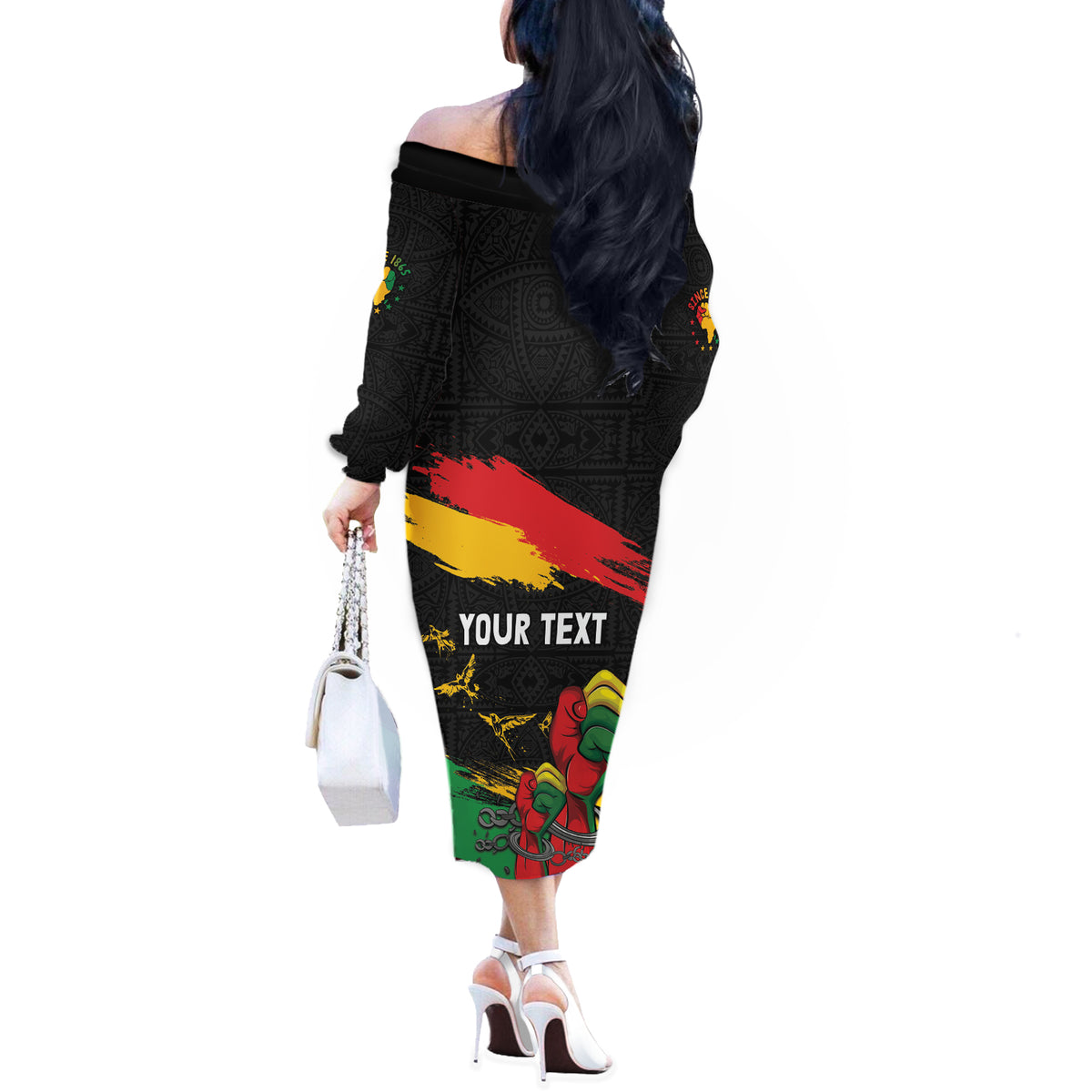 Personalized Juneteenth Freedom Day Off The Shoulder Long Sleeve Dress Raised Fist Black Power and Africa Pattern - Wonder Print Shop