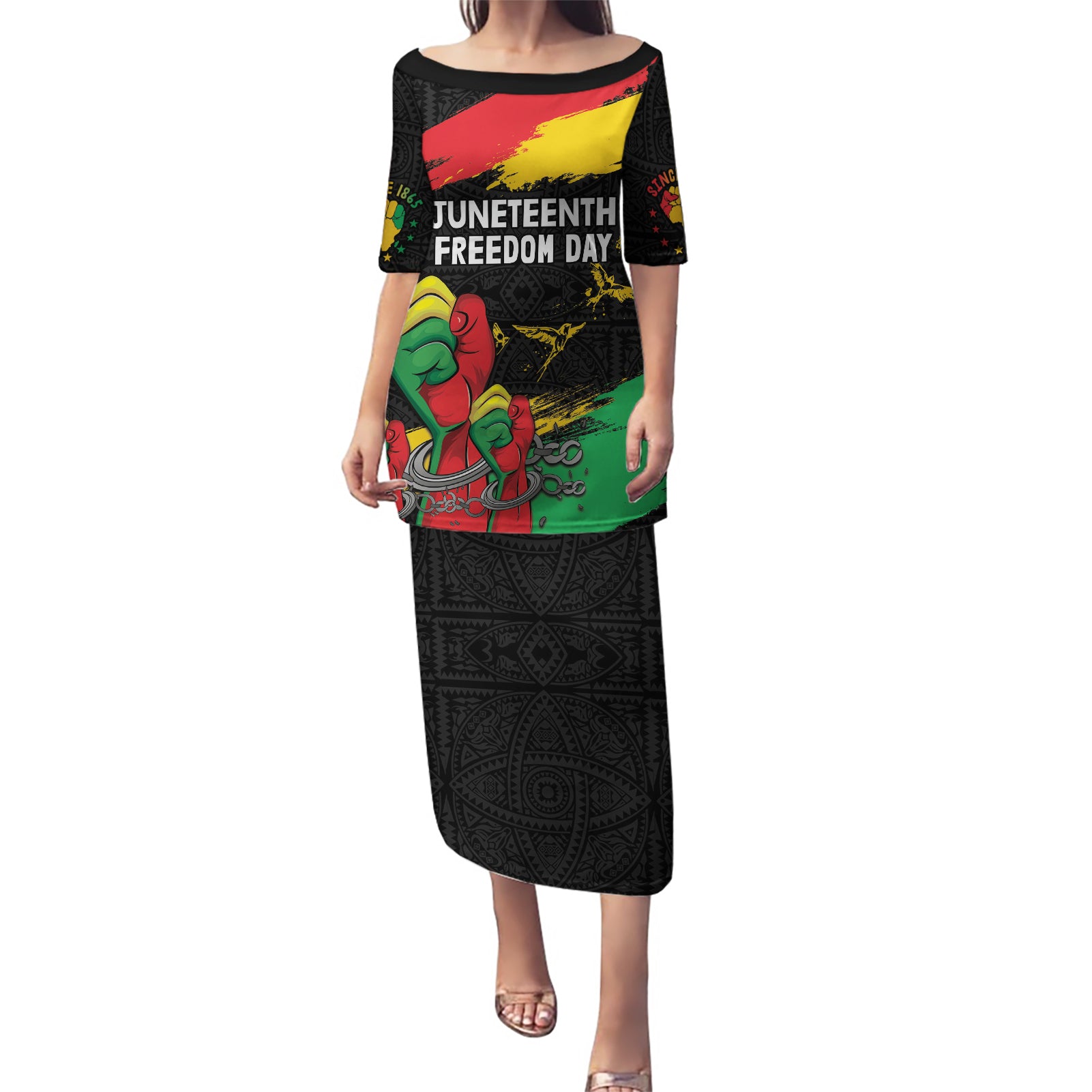 Personalized Juneteenth Freedom Day Puletasi Raised Fist Black Power and Africa Pattern - Wonder Print Shop