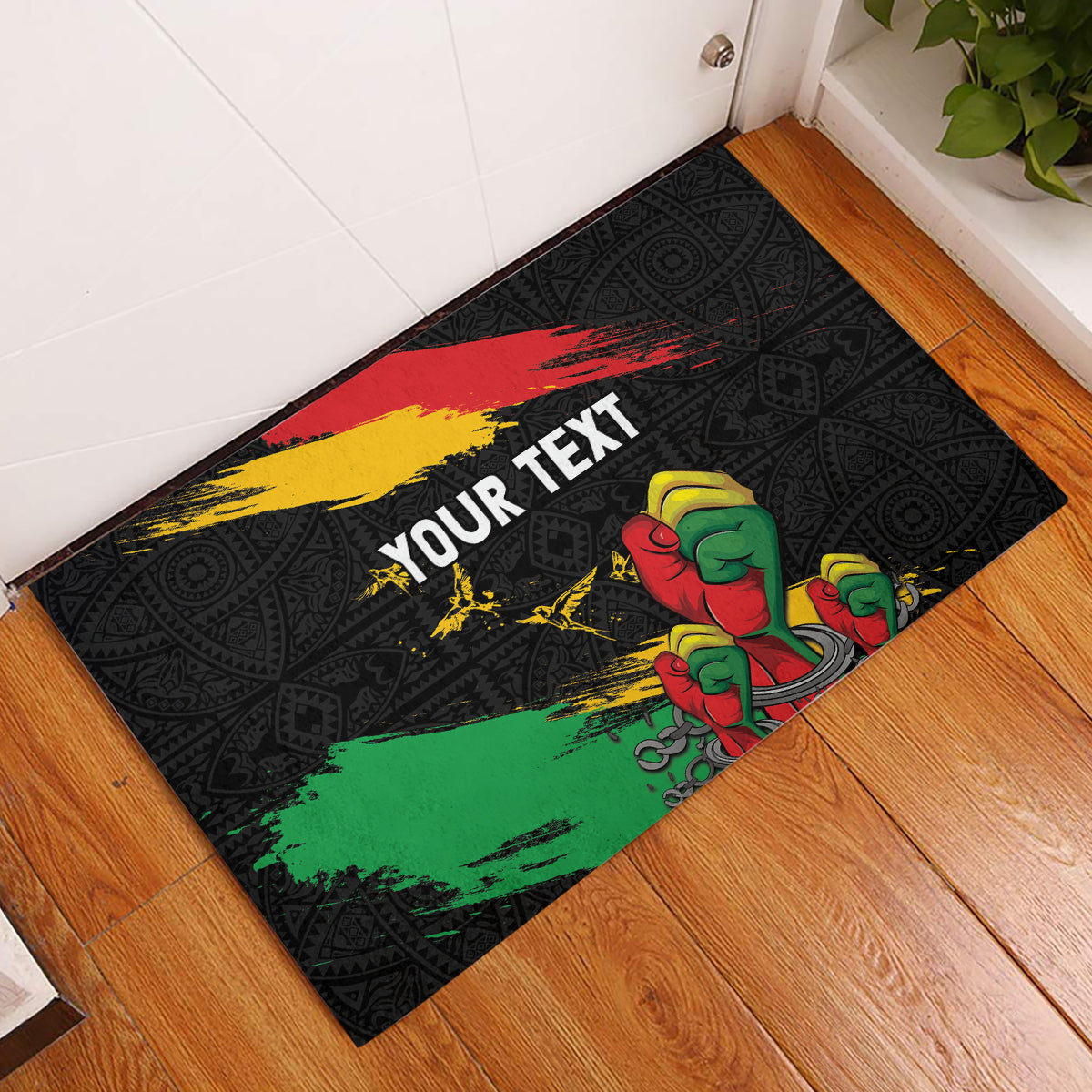Personalized Juneteenth Freedom Day Rubber Doormat Raised Fist Black Power and Africa Pattern - Wonder Print Shop