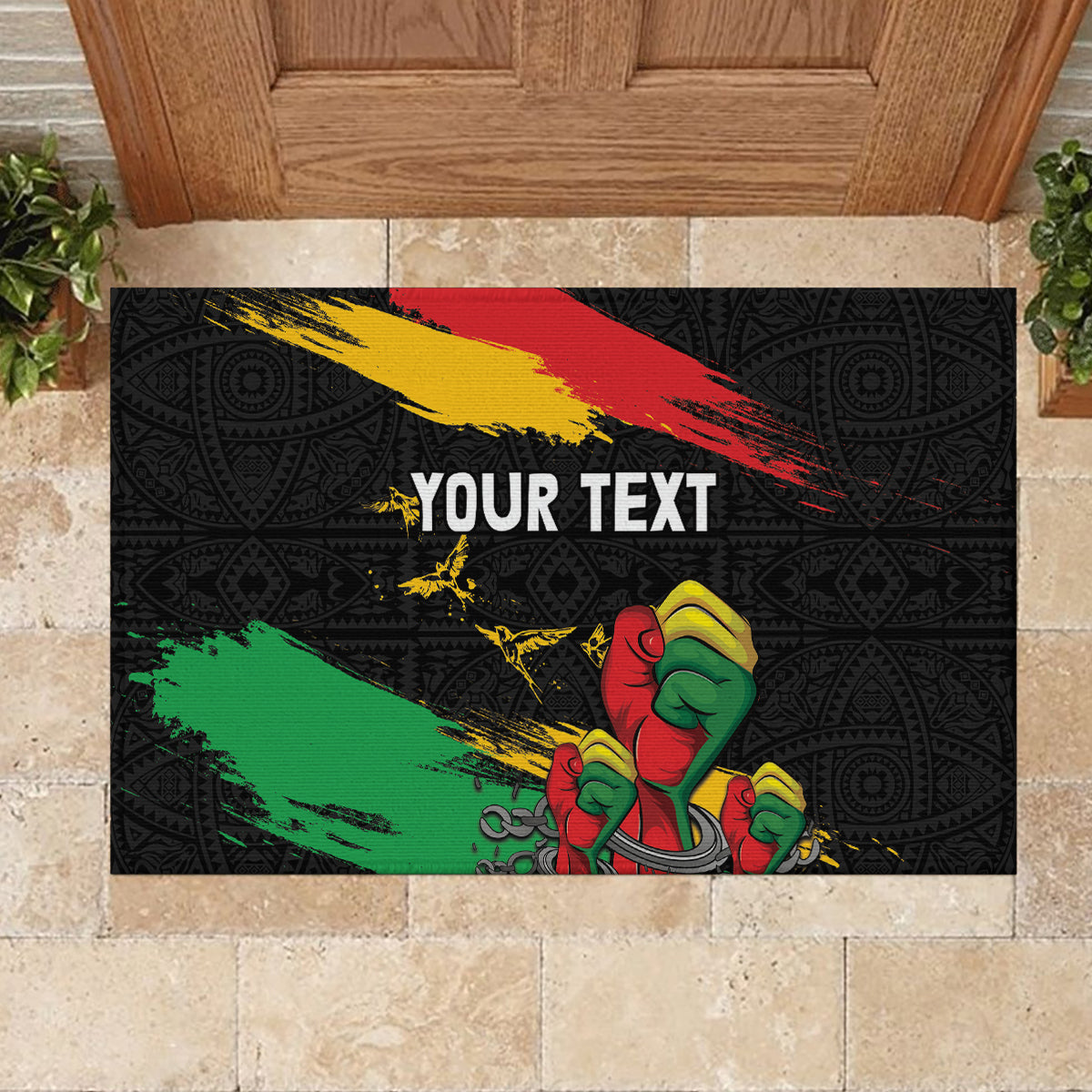 Personalized Juneteenth Freedom Day Rubber Doormat Raised Fist Black Power and Africa Pattern - Wonder Print Shop