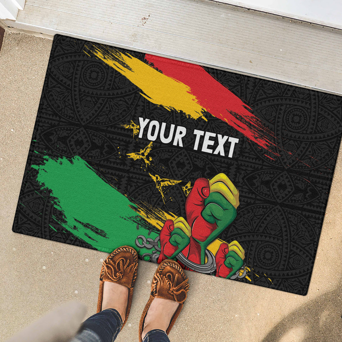 Personalized Juneteenth Freedom Day Rubber Doormat Raised Fist Black Power and Africa Pattern - Wonder Print Shop