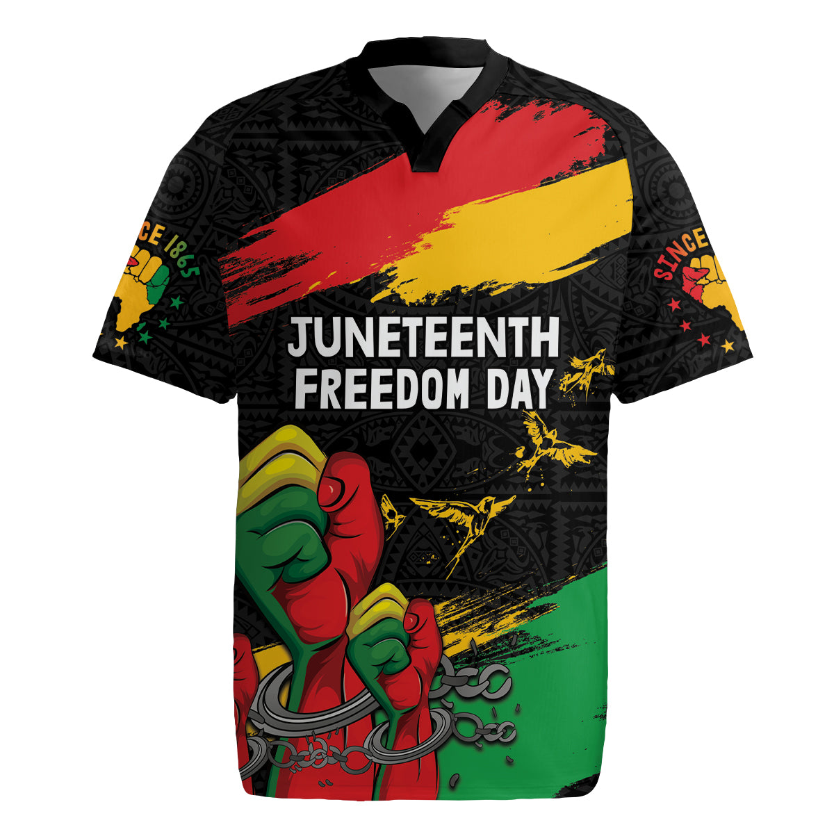 Personalized Juneteenth Freedom Day Rugby Jersey Raised Fist Black Power and Africa Pattern - Wonder Print Shop