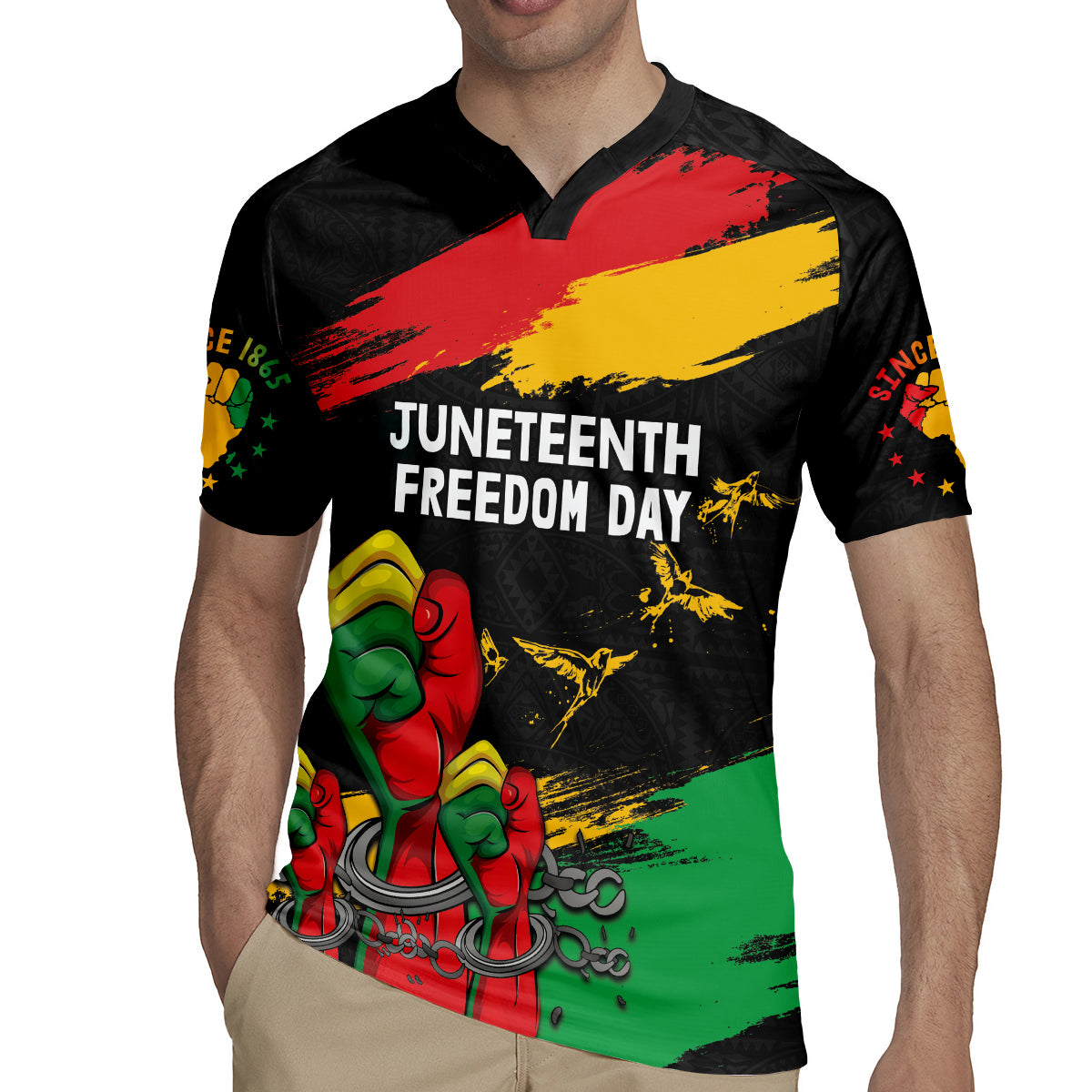 Personalized Juneteenth Freedom Day Rugby Jersey Raised Fist Black Power and Africa Pattern - Wonder Print Shop