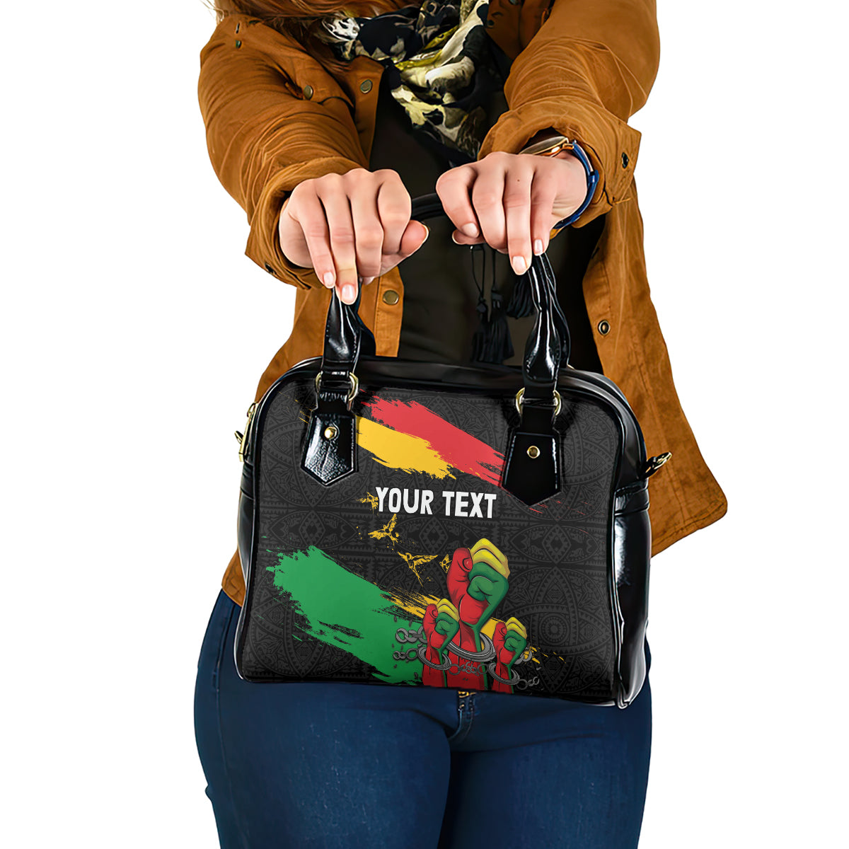 Personalized Juneteenth Freedom Day Shoulder Handbag Raised Fist Black Power and Africa Pattern