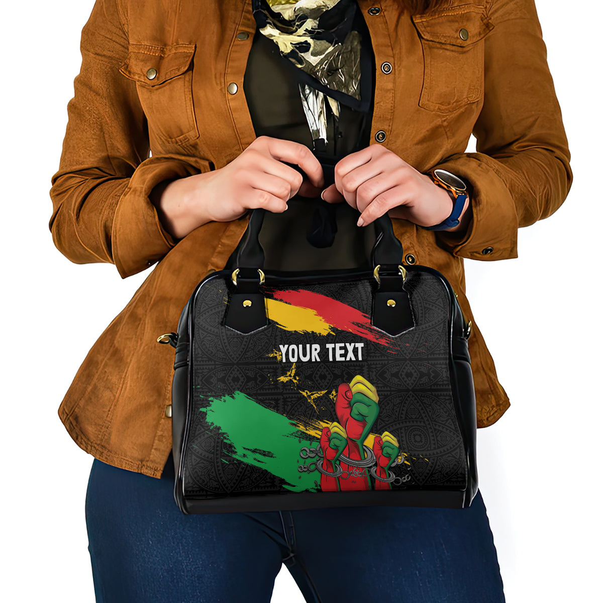Personalized Juneteenth Freedom Day Shoulder Handbag Raised Fist Black Power and Africa Pattern