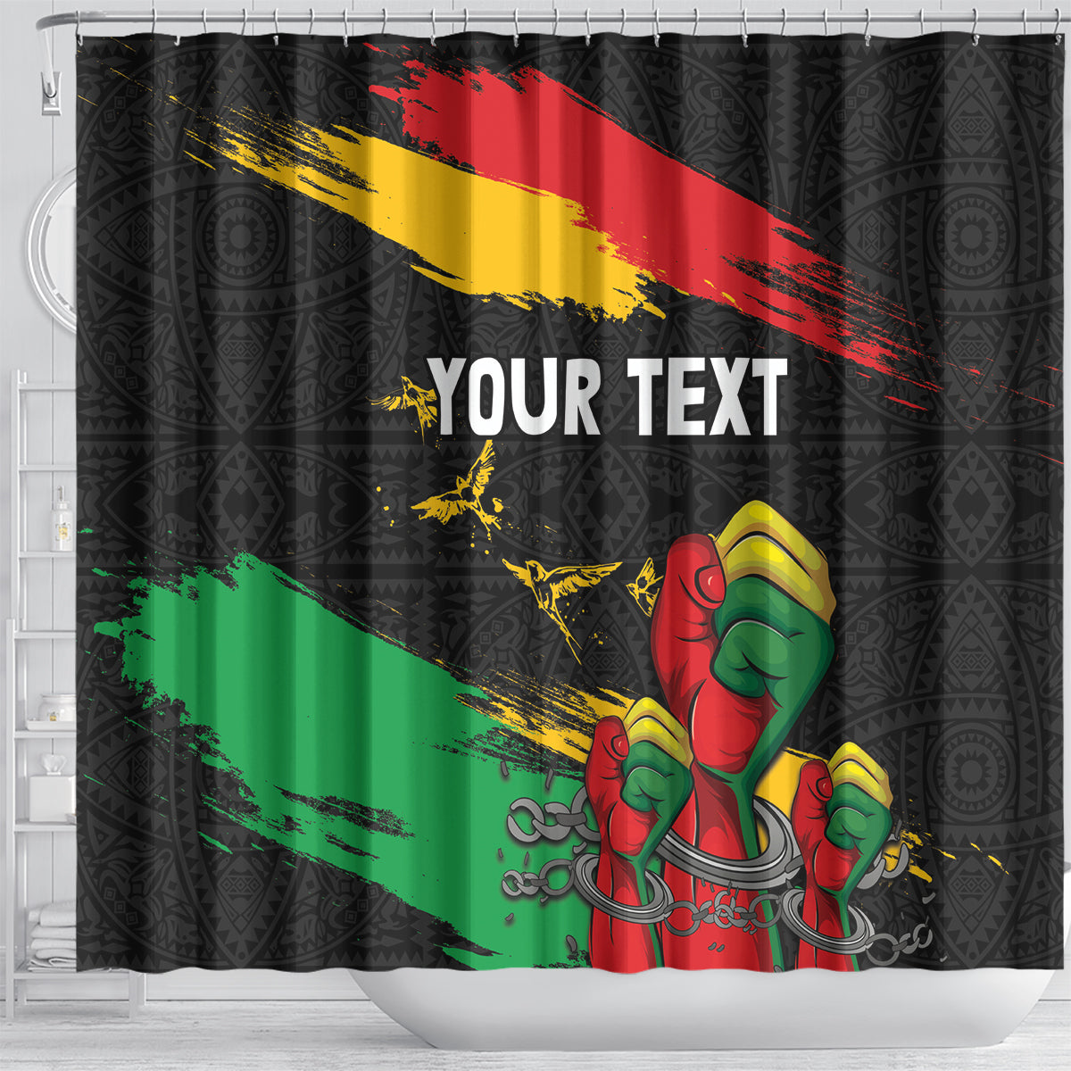 Personalized Juneteenth Freedom Day Shower Curtain Raised Fist Black Power and Africa Pattern