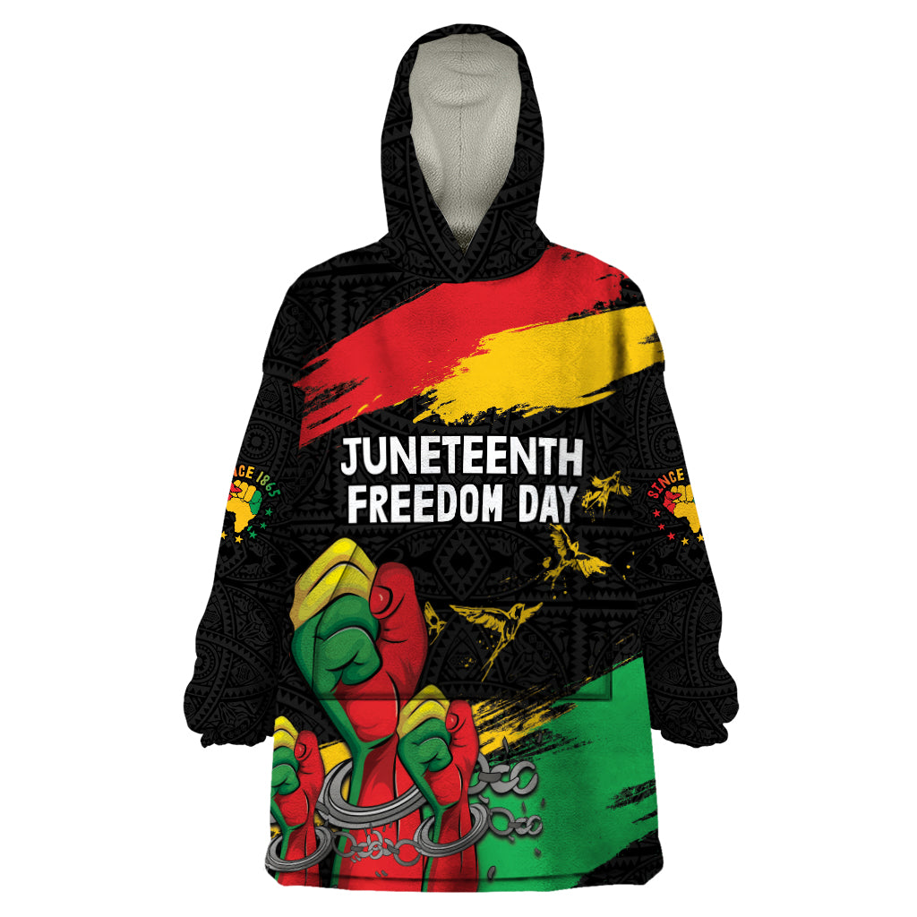 Personalized Juneteenth Freedom Day Wearable Blanket Hoodie Raised Fist Black Power and Africa Pattern