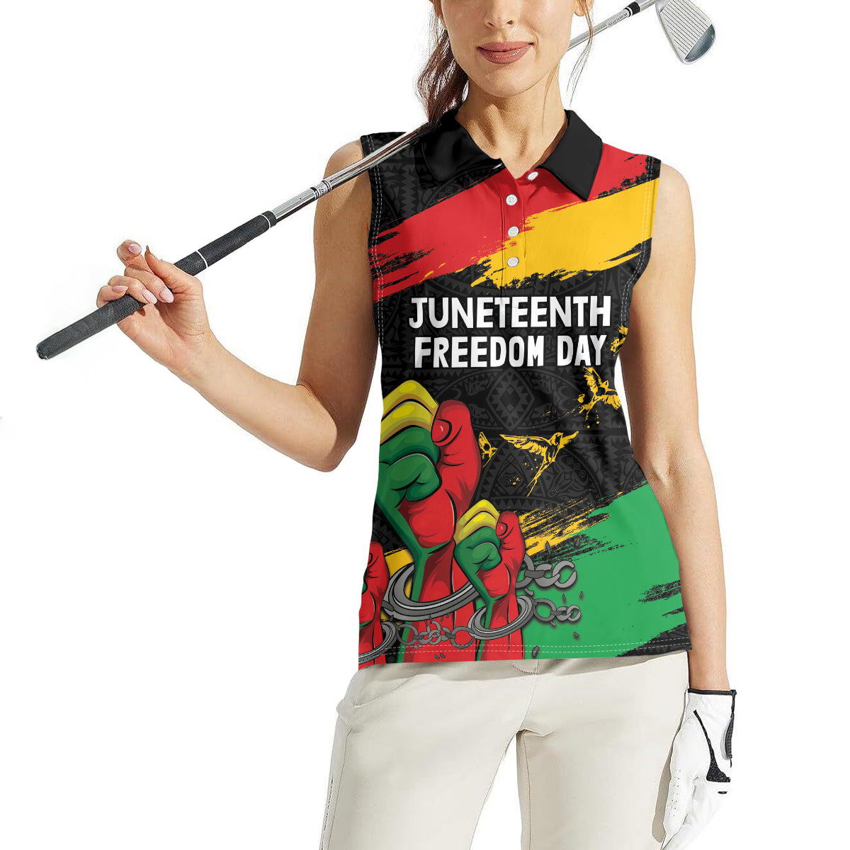 Personalized Juneteenth Freedom Day Women Sleeveless Polo Shirt Raised Fist Black Power and Africa Pattern - Wonder Print Shop