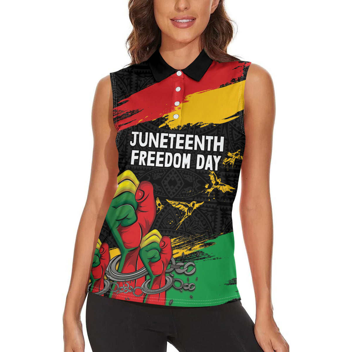 Personalized Juneteenth Freedom Day Women Sleeveless Polo Shirt Raised Fist Black Power and Africa Pattern - Wonder Print Shop