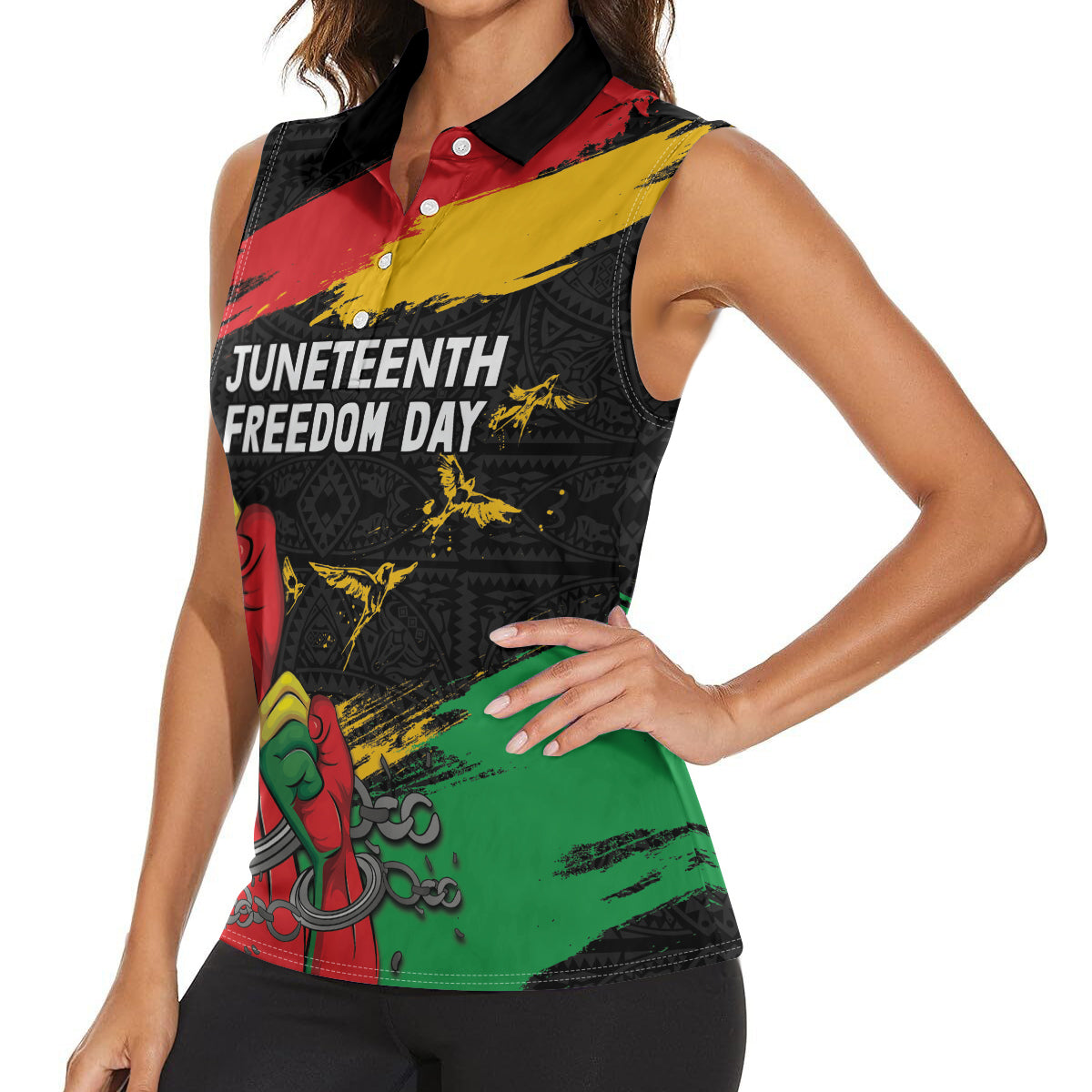 Personalized Juneteenth Freedom Day Women Sleeveless Polo Shirt Raised Fist Black Power and Africa Pattern - Wonder Print Shop