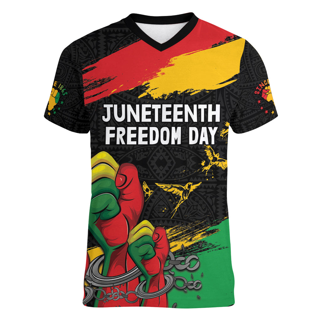 Personalized Juneteenth Freedom Day Women V-Neck T-Shirt Raised Fist Black Power and Africa Pattern - Wonder Print Shop