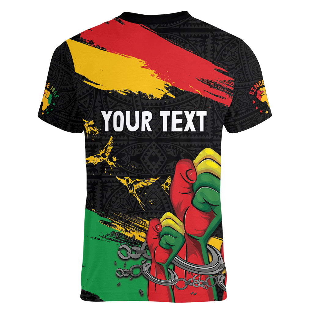 Personalized Juneteenth Freedom Day Women V-Neck T-Shirt Raised Fist Black Power and Africa Pattern - Wonder Print Shop