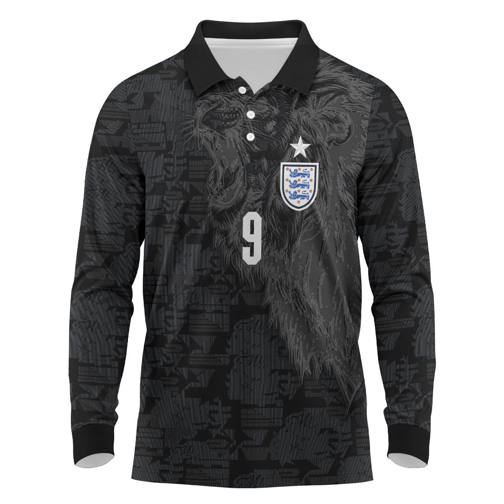 England National Football Custom Long Sleeve Polo Shirt Lions Roar 2026 Glory Black