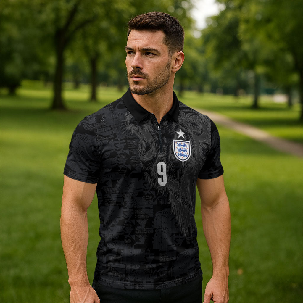 England National Football Custom Zipper Polo Shirt Lions Roar 2026 Glory Black