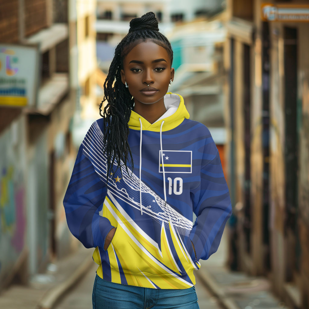 Curacao National Football Custom Hoodie Abstract Sharp Wave Pattern Sporty Style with Map