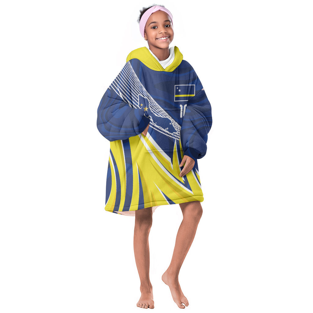 Curacao National Football Custom Kid Wearable Blanket Hoodie Abstract Sharp Wave Pattern Sporty Style with Map
