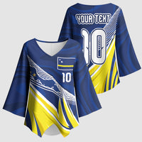 Curacao National Football Custom Kimono Sleeve Blouse Abstract Sharp Wave Pattern Sporty Style with Map