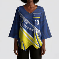 Curacao National Football Custom Kimono Sleeve Blouse Abstract Sharp Wave Pattern Sporty Style with Map