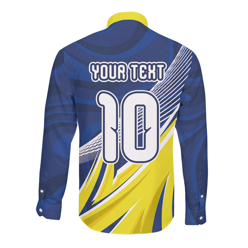 Curacao National Football Custom Long Sleeve Button Shirt Abstract Sharp Wave Pattern Sporty Style with Map