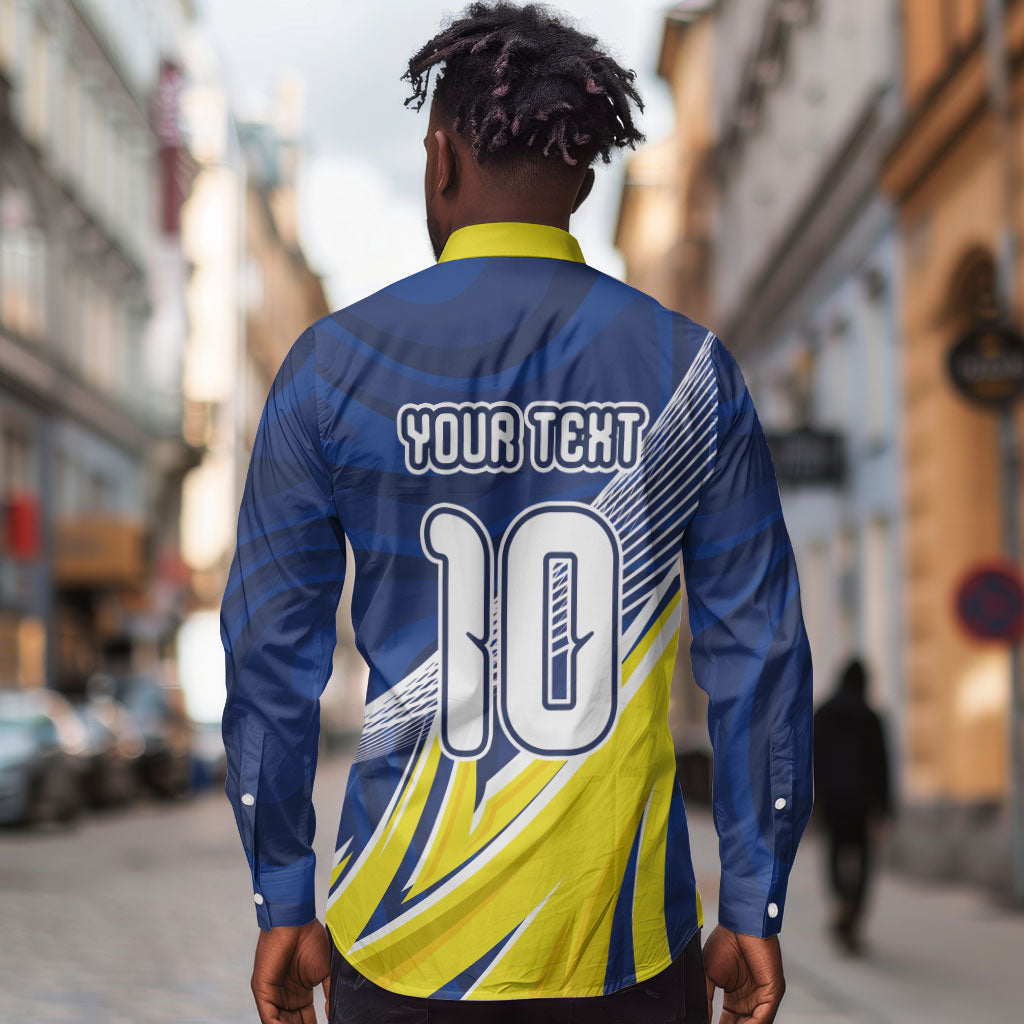 Curacao National Football Custom Long Sleeve Button Shirt Abstract Sharp Wave Pattern Sporty Style with Map