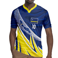 Curacao National Football Custom Rugby Jersey Abstract Sharp Wave Pattern Sporty Style with Map