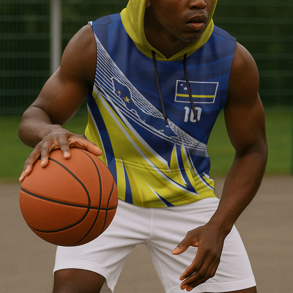 Curacao National Football Custom Sleeveless Hoodie Abstract Sharp Wave Pattern Sporty Style with Map