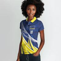 Curacao National Football Custom Women Polo Shirt Abstract Sharp Wave Pattern Sporty Style with Map