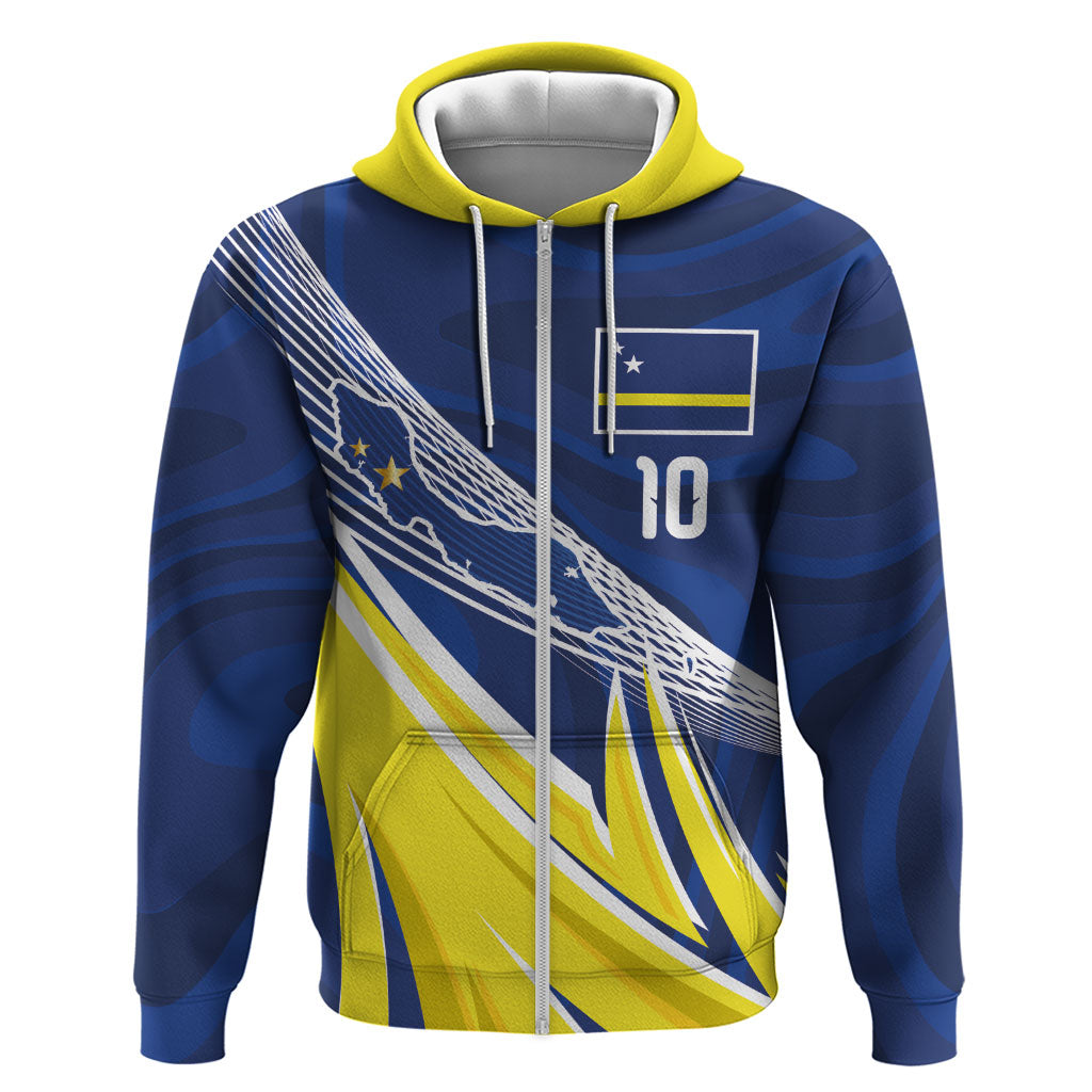 Curacao National Football Custom Zip Hoodie Abstract Sharp Wave Pattern Sporty Style with Map
