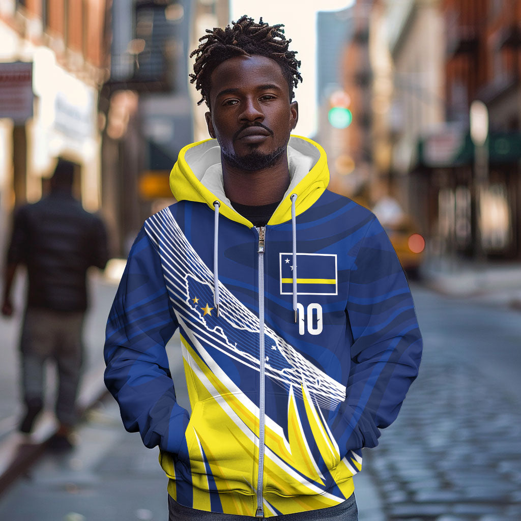 Curacao National Football Custom Zip Hoodie Abstract Sharp Wave Pattern Sporty Style with Map