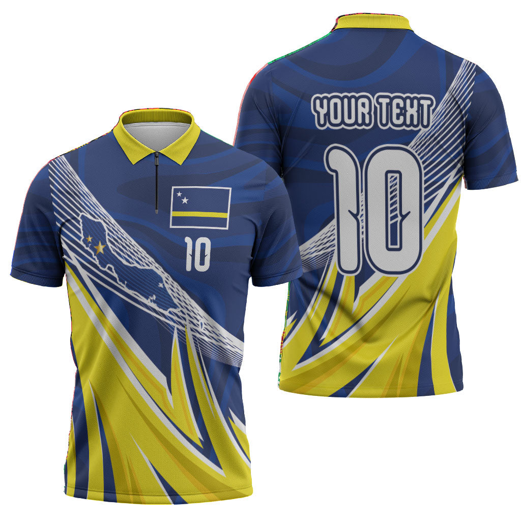 Curacao National Football Custom Zipper Polo Shirt Abstract Sharp Wave Pattern Sporty Style with Map
