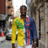 Haiti and Brazil Football Custom Long Sleeve Button Shirt Splash Half Split